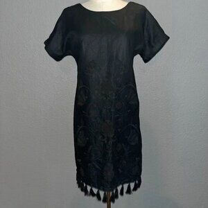 MADEWELL Black Embroidered Mini Shift Dress Linen Blend.Tassel Fringe Hem XXS
